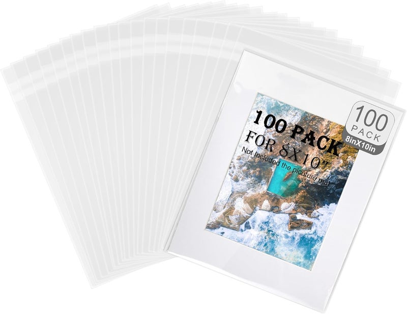 Phiocxem 100 Pack Acid-Free Crystal Clear Sleeves Storage Bags for 8x10 Art Prints/Framing Mat Mattes/Photos/Pictures, OPP Sleeves Storage Bags(Bag Size: 8 4/15"/21cmX 11"/28cm) - Image 1